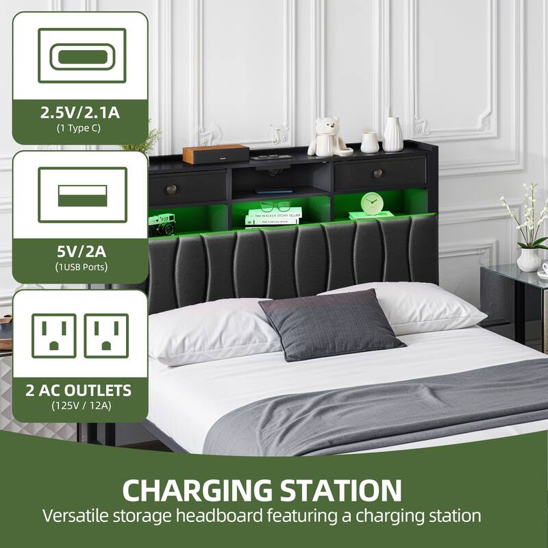 6 Drawers PU Leather Upholstered Platform Bed, Bed Frame with Hidden Storage Headboard and Power Outlets