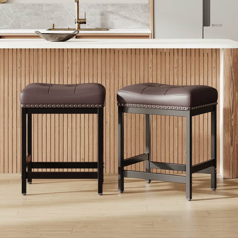 RENEWLINE 24.4" Backless Bar Stools Set of 2 - PU Leather Counter Height - Kitchen Island & Bar