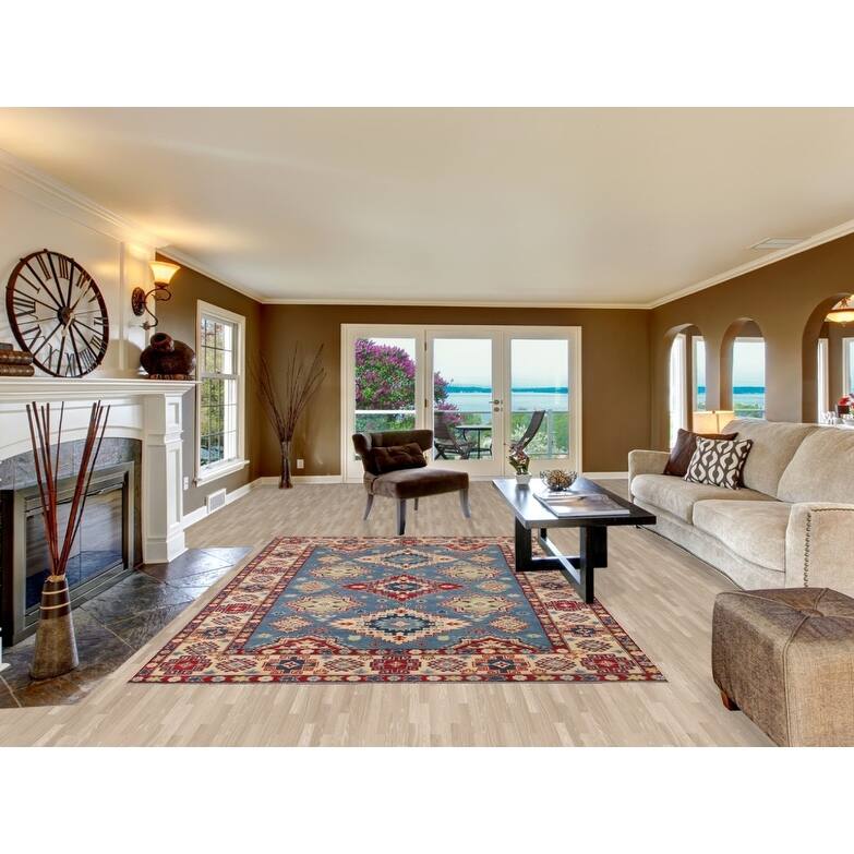 Hand Knotted Oriental 100% Wool Carpet Traditional Geometric Navy Blue & Blues Kazak Area Rug - 9' 10'' X 6' 8''