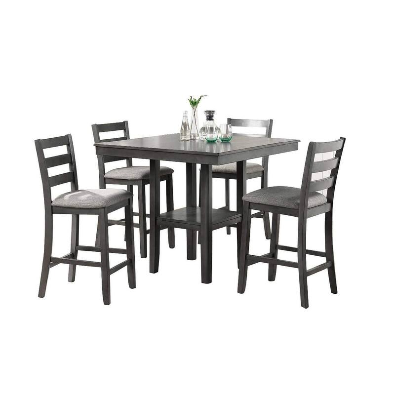 Classic Dining Room Furniture Gray Finish Counter Height 5pc Set Square Dining Table w Shelves Cushion Seat Ladder Back