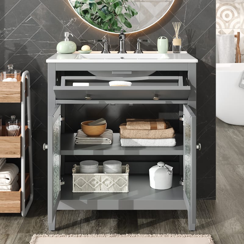 30" Modern Bathroom Vanity Set with Ceramic Sink - Adjustable Shelf & Tip-Out Tray, Soft-Close Hinges, Silver Knobs
