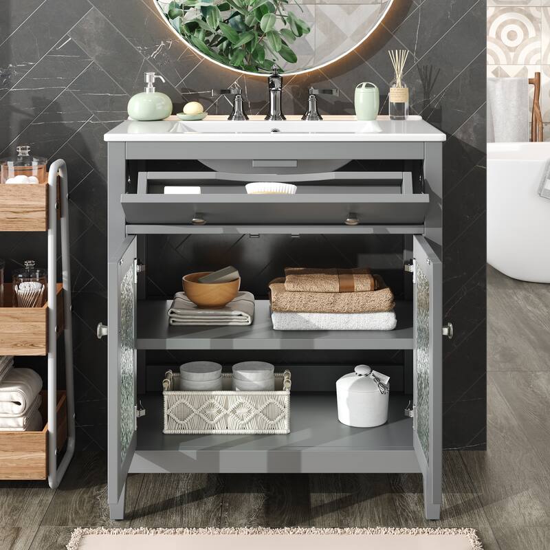 30" Storage Cabinet with Glass Doors, Bathroom Vanity with Ceramic Sink, Adjustable Shelf, Tip-Out Tray and Silver Metal Knobs