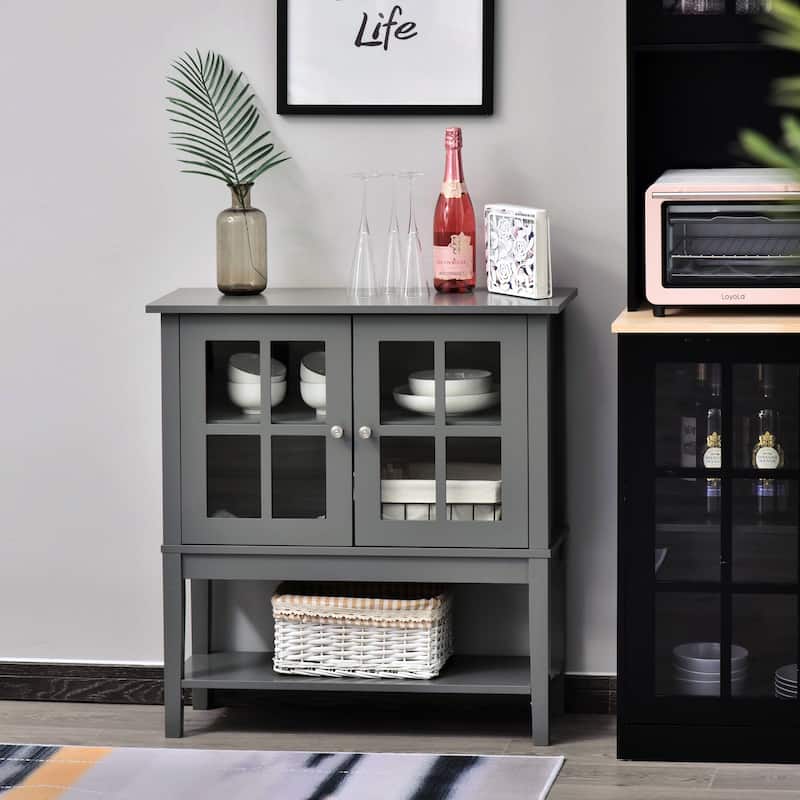 HOMCOM Modern Kitchen Credenza & Sideboard Buffet Cabinet with 2 Swinging Glass Doors & Ample Storage Space - Grey