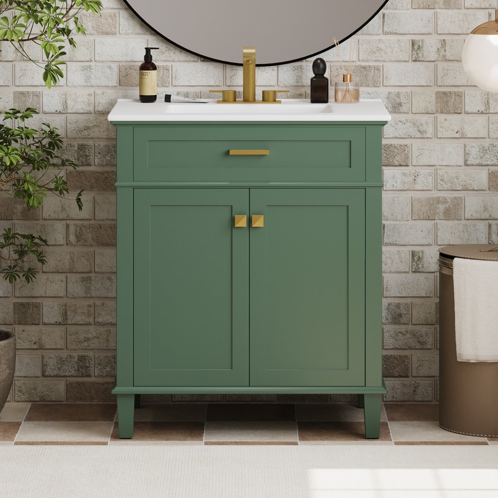 Freestanding Simple Bathroom Vanity Cabinet with Ceramic Basin Sink, Soft Close Door and Adjustable U-shaped Storage Shelves