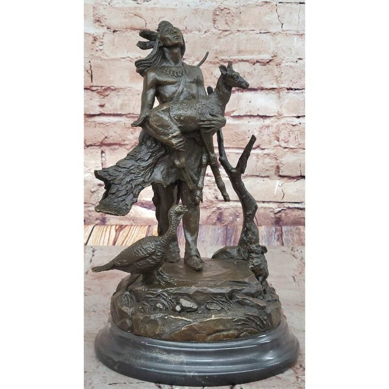 Native American Indian Shaman Holding Deer And Turkey Bronze Sculpture Statue