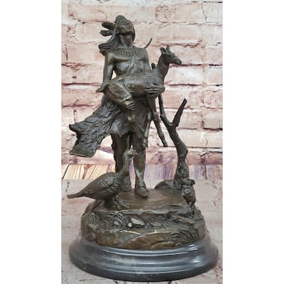 Native American Indian Shaman Holding Deer And Turkey Bronze Sculpture Statue