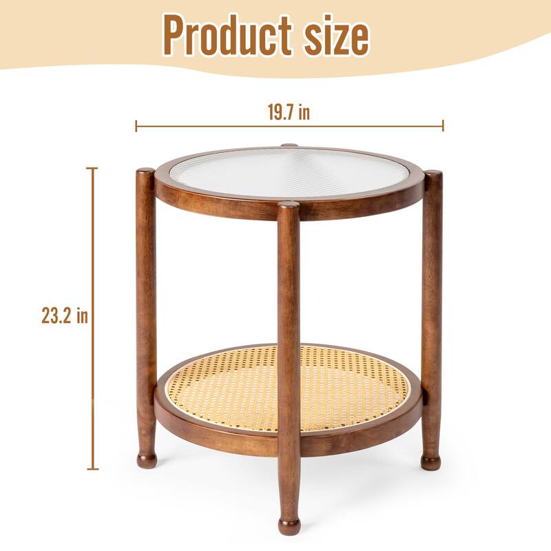 Rubberwood Coffee Table with Tempered Glass and Rattan - 19.7 x 19.7 x 23.2 in