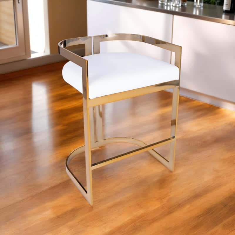 Gold Iron Counter Height Bar Stool with Arms and Faux Leather Seat - 19.5” x 19.75” x 28” (D x W x H)