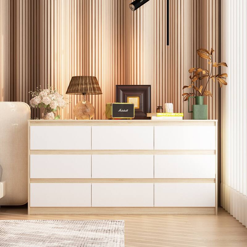 63" Modern 9-Drawer Dresser for Bedroom, Wide White Chest of Drawers, Large Storage Cabinet for Clothes Organization