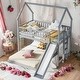 preview thumbnail 11 of 16, Modern Twin Over Full House Roof Design Bunk Bed With Slide And Built-in Ladder,Full-Length Guardrail