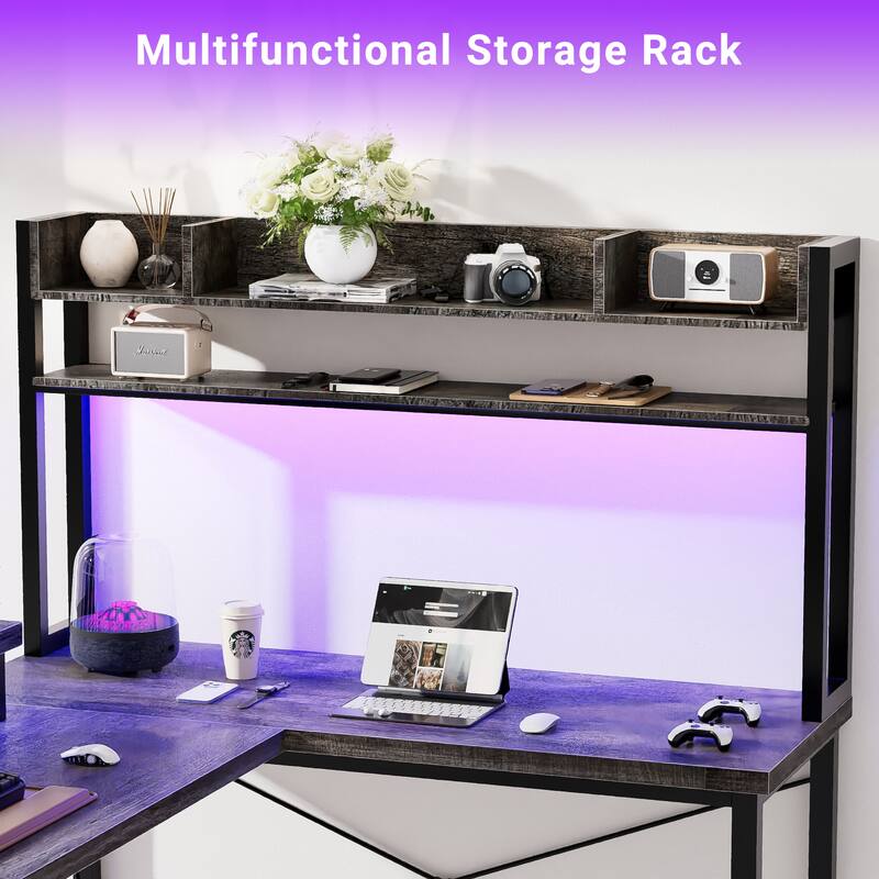 75'' DIY U-Shaped Desk with Hutch, Reversible Office Desk with Power Outlets and LED Strip