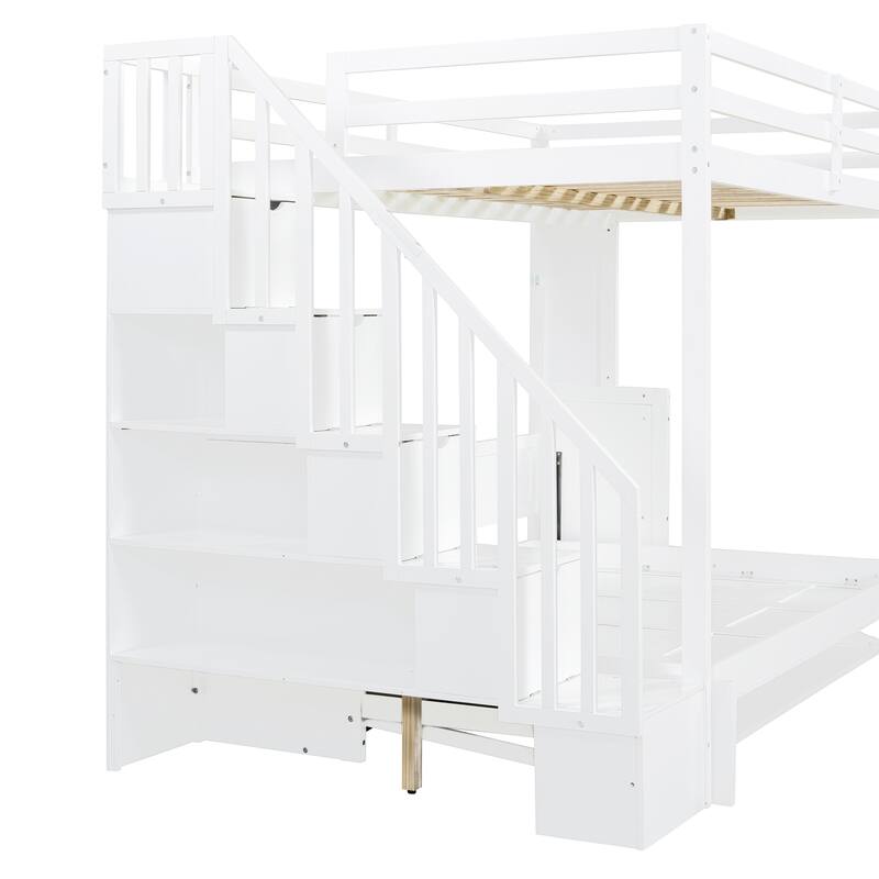 Full Over Full Versatile Wooden Murphy Bed with Storage Staircases & Desk, Space-Saving Foldable Wall Bed with Hydraulic Lift
