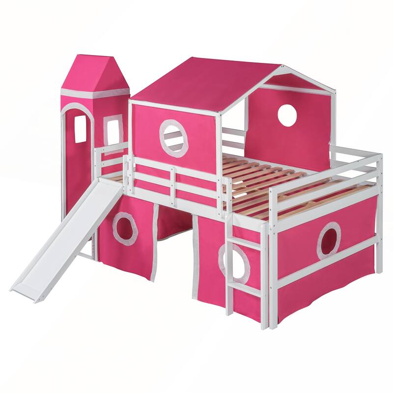 Full Size Loft Bed with Slide Pink Tent and Tower