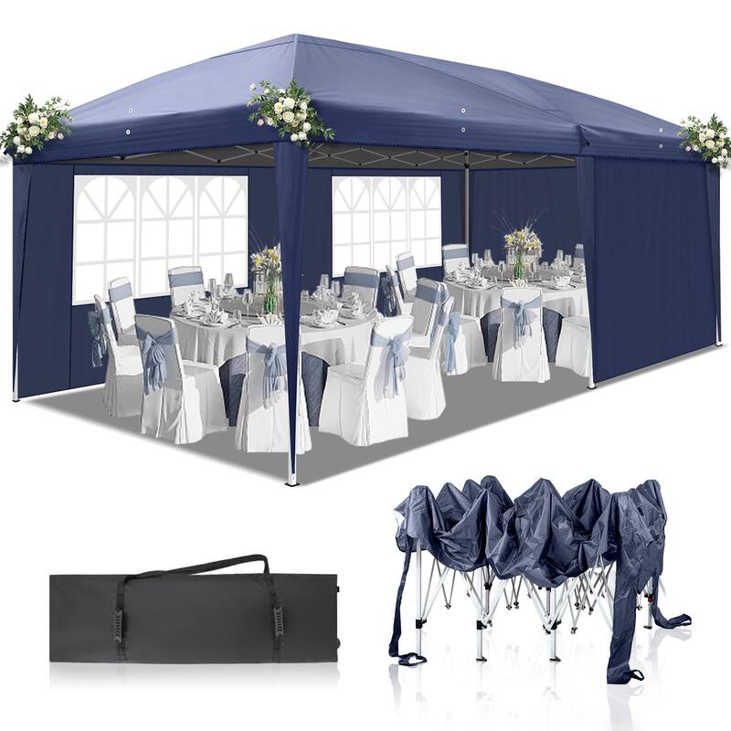 Large Waterproof Outdoor Event Tent 20x10 ft with Windows and Doors Heavy Duty Steel Frame Canopy for Parties Camping - Two Windows - Blue