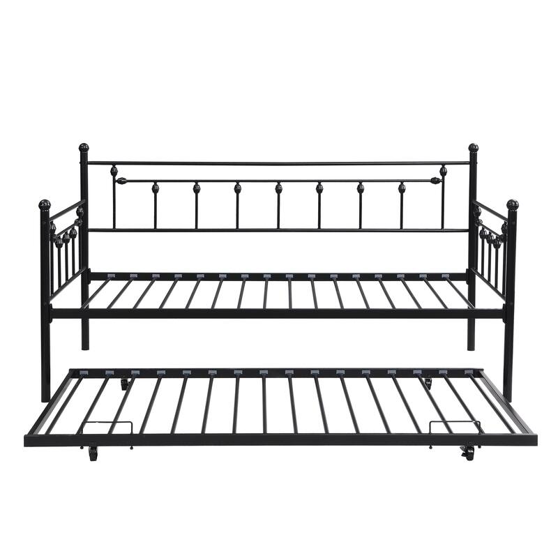 Metal Daybed Frame with Trundle Twin Size Heavy Duty Steel Slats Support Platform Furniture