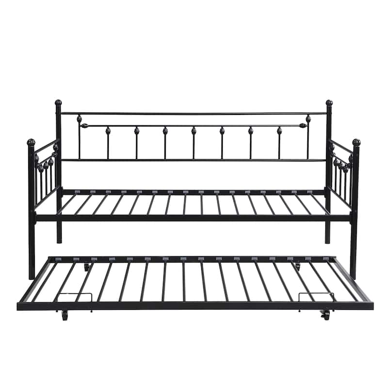 Modern Black Daybed with Trundle - Space Saving Steel Frame, No Box Spring Needed, 350 LBS Capacity