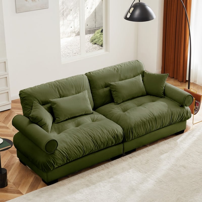 Large Size Modern Two-seater Sofa with Bolstered Armrests,Velvet 2-Seater Sofa With Waist Pillows and Throw Pillows - Green