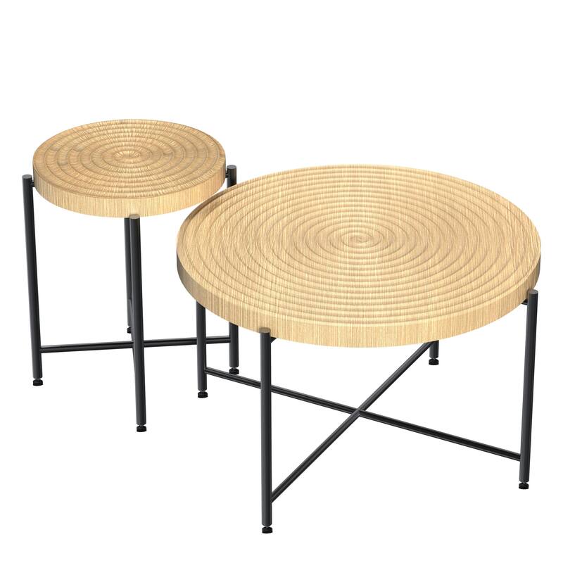 2-Piece Coffee and End Table Set - Waterproof MDF with PVC Cover, Distressed Cylindrical Design