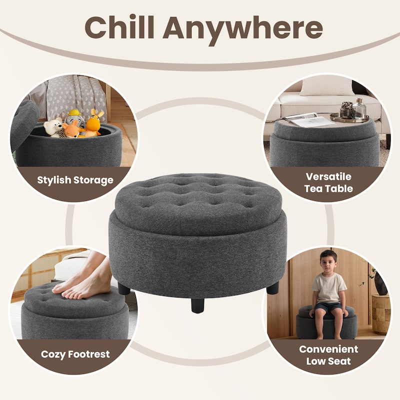 RENEWLINE Fabric Storage Ottoman with Tray Lid - Footrest & Hidden Storage for Living Room​