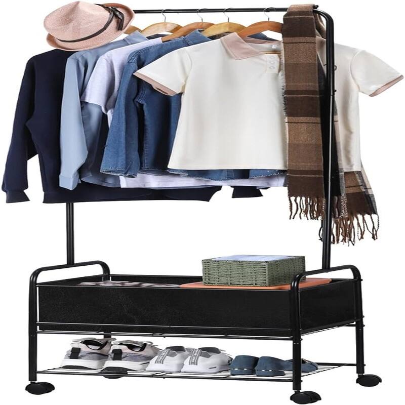 Rolling Laundry Cart with Storage Basket and Hanging Bar - 41.4"D x 22.6"W x 173.5"H