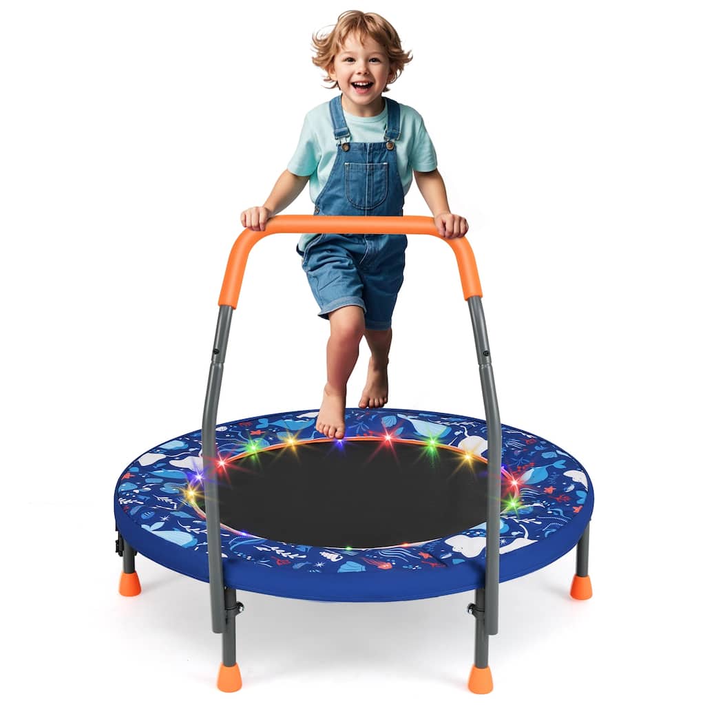 Foam Kids Trampoline with LED Lights, Foldable Frame and Handrail