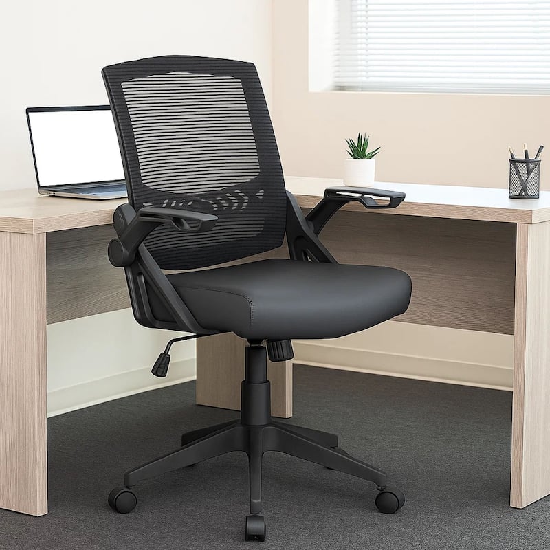 Rolling Task Chair with Flip Arms, Black Mesh and Vinyl, Adjustable