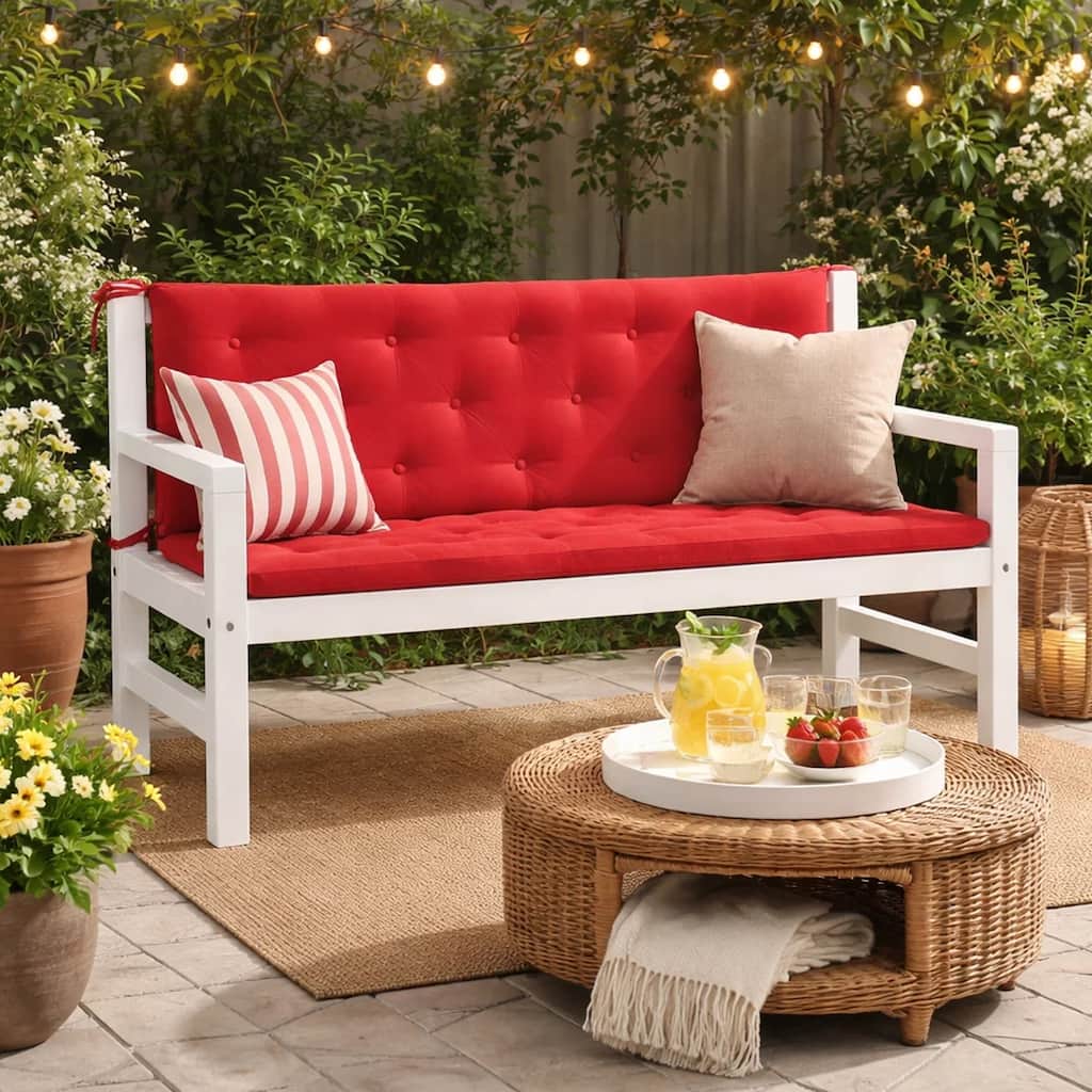 Claire Outdoor Cushion for Bench, Button Tufted Red Fabric, 59 Inch