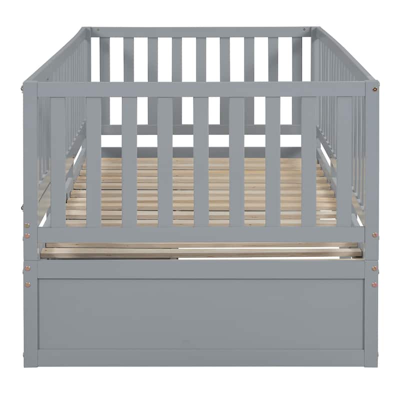 Gray Twin Size Solid Wood Daybed with Fence Guardrails and 2 Drawers, Split into Two Beds