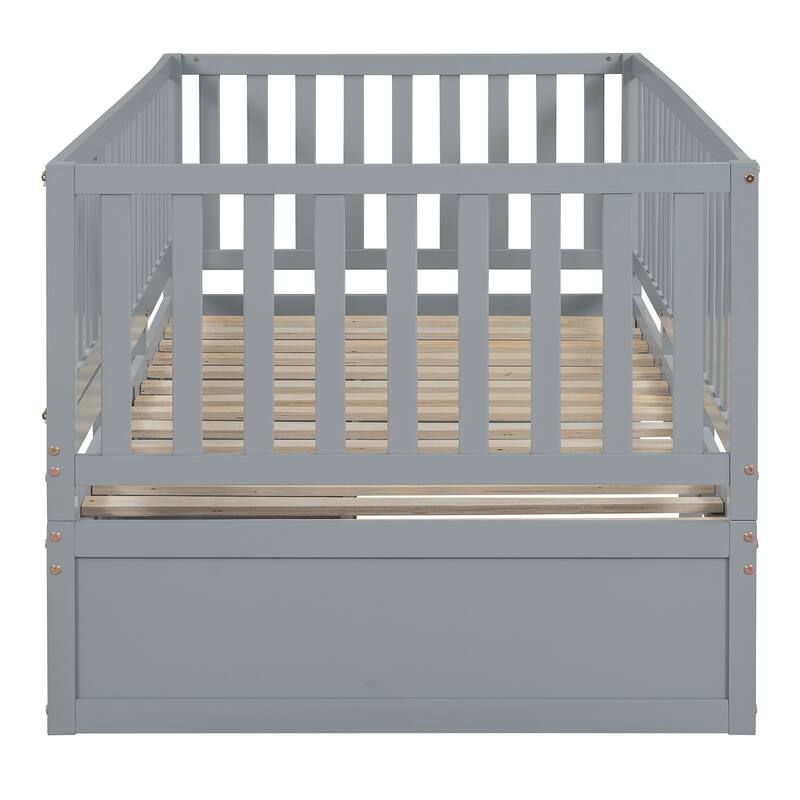 Pine Wood Daybed Floor Bed Frame with Fence Guardrails and 2 Drawers, Converts into Two Individual Beds, No Box Spring Needed