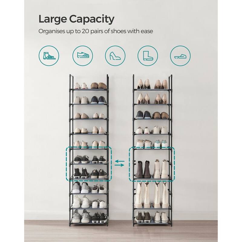 10 Tier Space-Saving Shoe Shelf with Metal Frame and Non-Woven Fabric Shelves