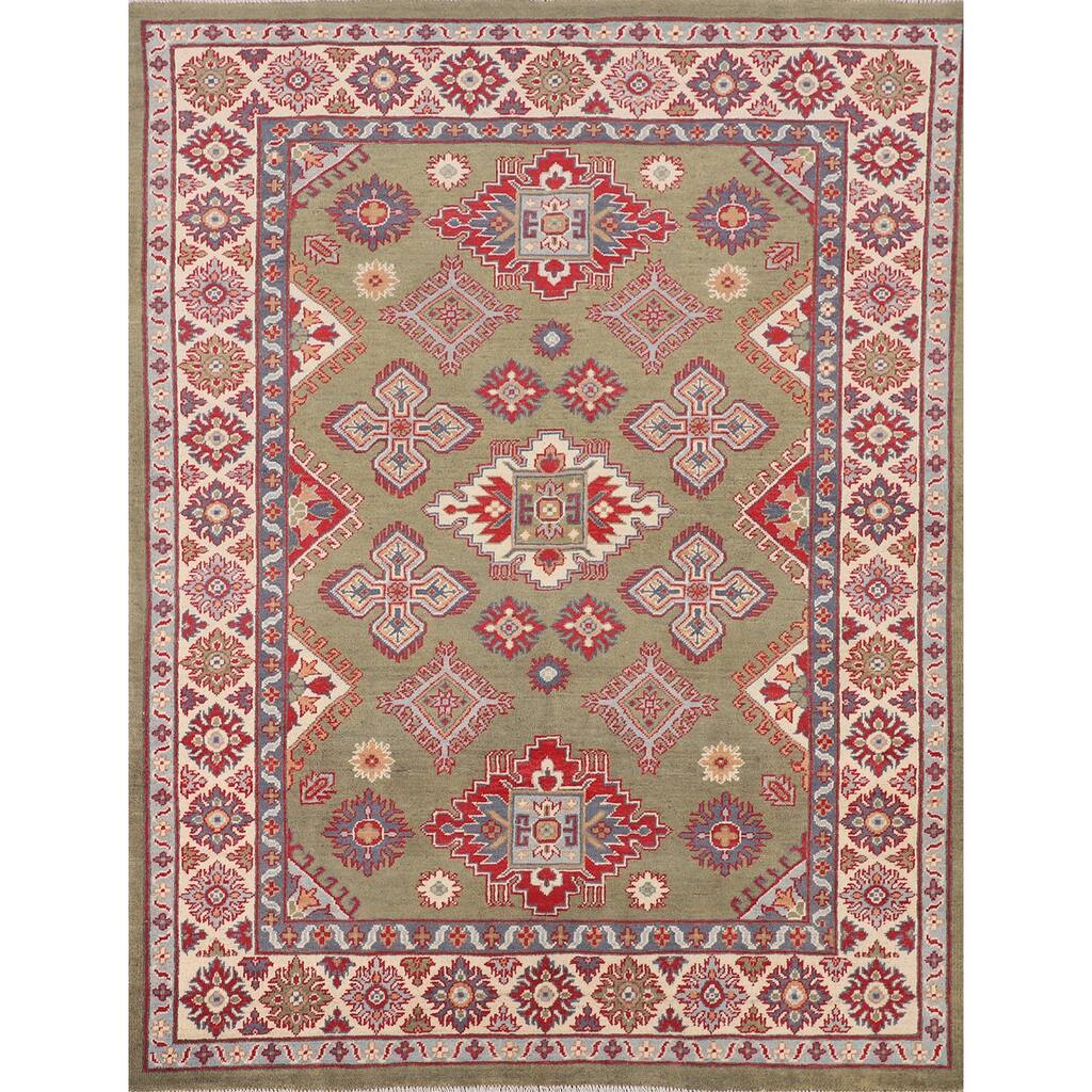 Green Kazak Area Rug Handmade Oriental Wool Carpet - 4'10" x 6'3"