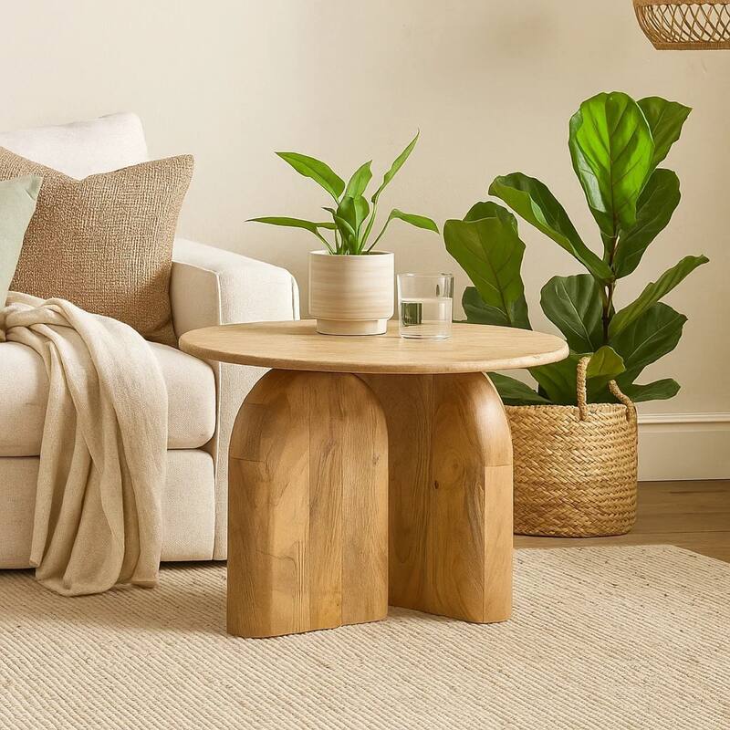 Cid Elis End Table, Beige Marble, Solid Wood Frame, Round 30 Inch Top