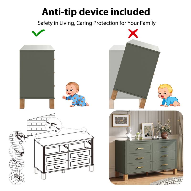 Roomfitters 6-Drawer Double Dresser, Modern Bedroom Storage Cabinet with Solid Wood Legs & Metal Handles