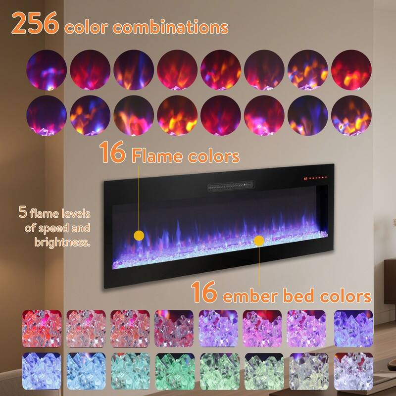 50/60 in. Smart WiFi-Enabled Wall Mount & Recessed Electric Fireplace Heaters in Black, 1400W/5000BTU