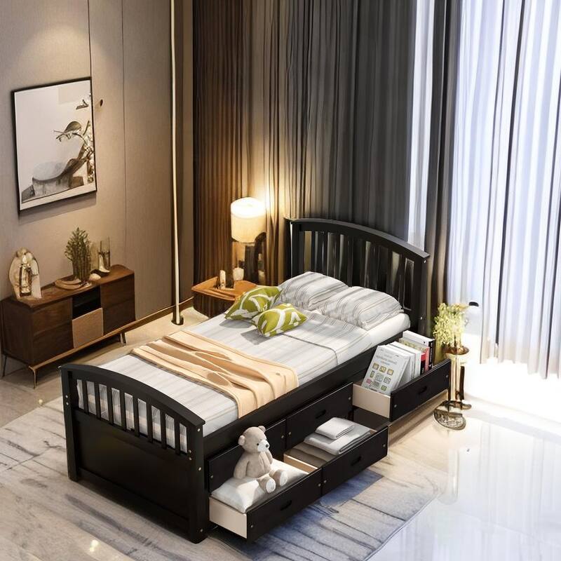 Twin Bed with Under Bed Storage Drawers Storage Bed Solid Wood Bed with 6 Drawers
