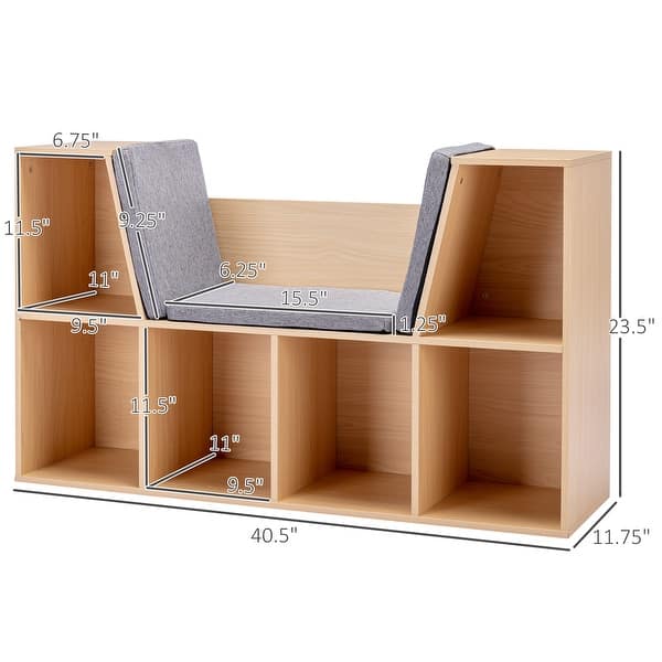 dimension image slide 0 of 2, 6-Cubby Kids Bookcase with Reading Nook and Cushion, Multi-Purpose Storage Organizer for Bedroom, Living Room