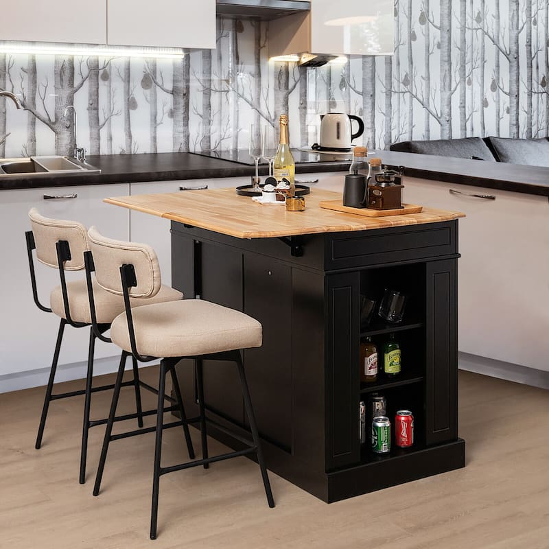 Gymax Large Kitchen Island Drop Leaf Breakfast Bar w/ Wood Top Shelves