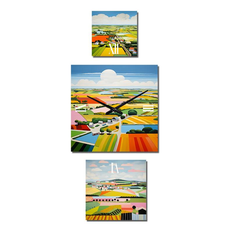 Designart "De Stijl Farm Landscape" Countryside Oversized Wall Clock - Set Of 3 - Extra large Country Clock For Office Décor
