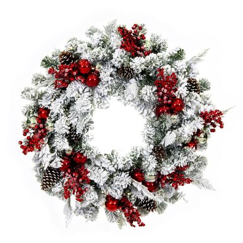 Vickerman 30" Flocked Artificial Christmas Wreath, Battery Operated Pure White LED Lights - Green/White