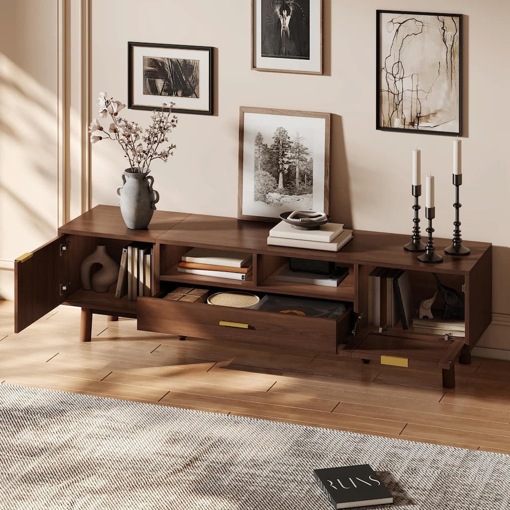 75" Wood TV Stand with Soft-Close Doors & Rattan Drawers