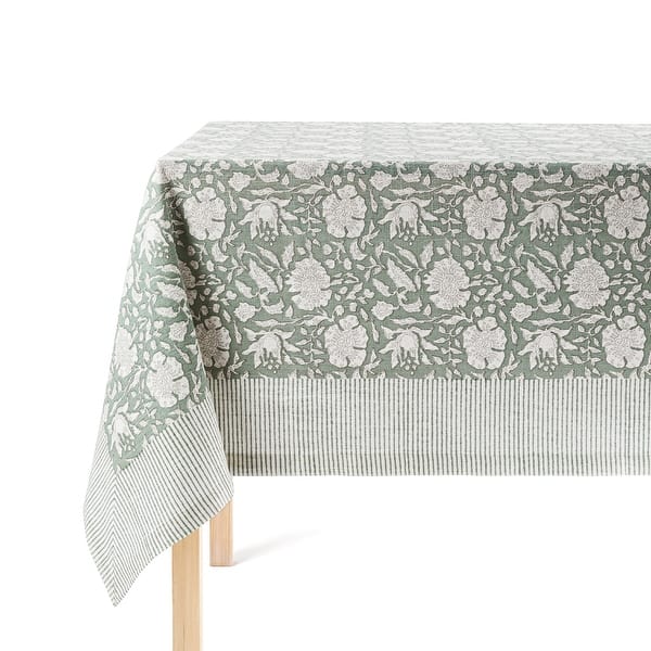Over&back 100% Cotton Hand-Screened Tablecloth - Machine Washable - 70x90 - Green Floral