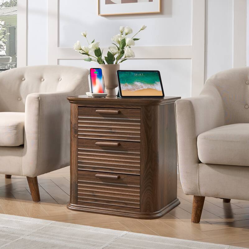 22" Wide Fluted Nightstand with Charging Station, Modern End Table, Wood 3 Drawer Dresser, Large Bedside Tables