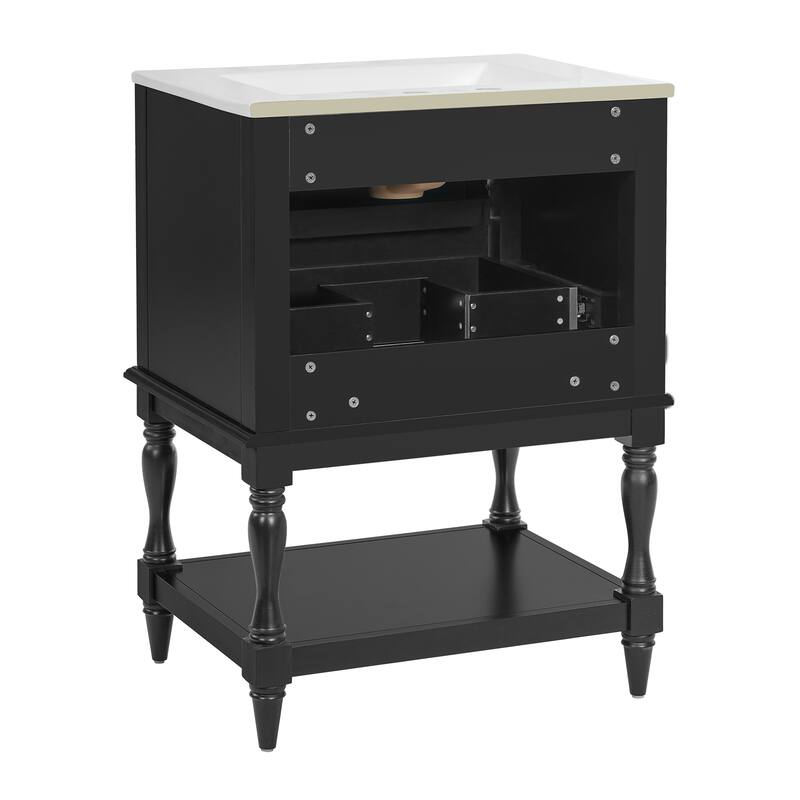 Retro Small Bathroom Vanity with Open Shelf, Ceramic Sink Cabinet