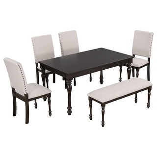 6-Piece Wood Rectangular Dining Table Set w/Upholstered Chairs & Bench ...