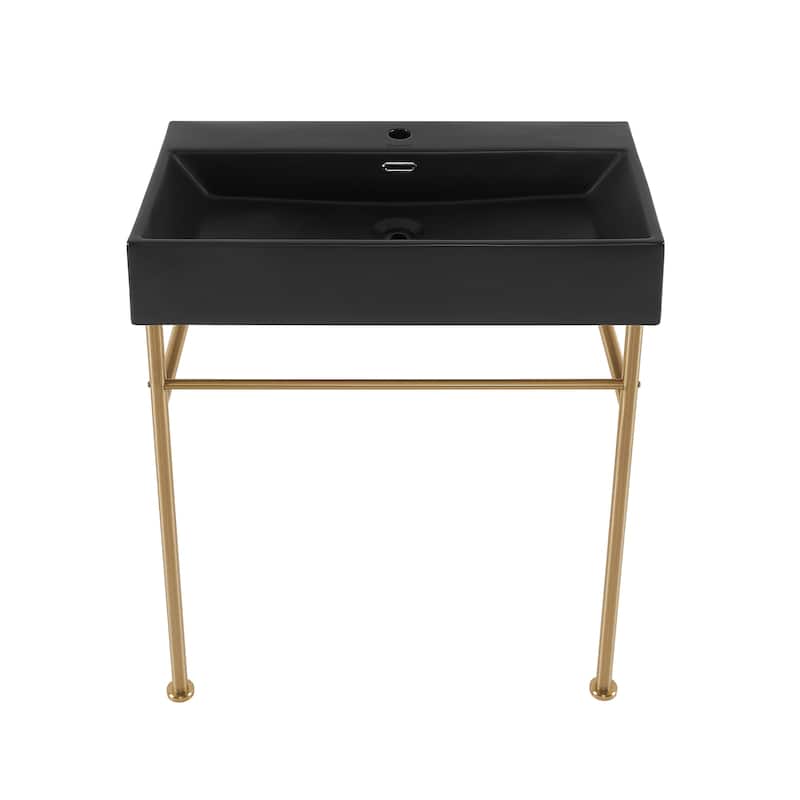 Reims 30 Ceramic Console Sink Matte Black Basin Brushed Gold Legs - 29.5" x 16.55" 35.45"