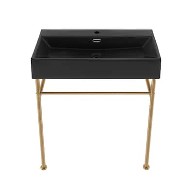 Reims 30 Ceramic Console Sink Matte Black Basin Brushed Gold Legs - 29.5" x 16.55" 35.45"