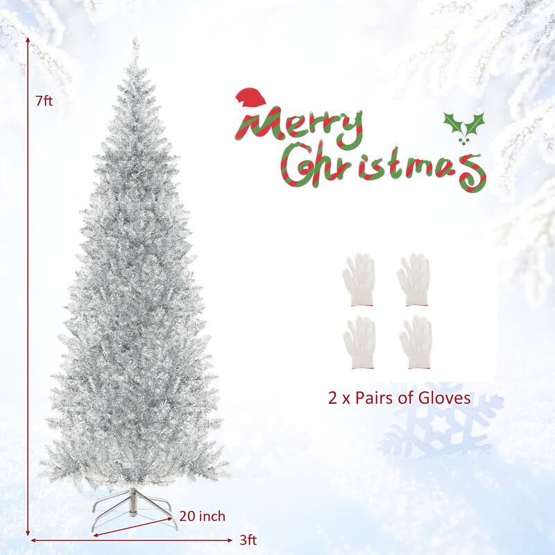 6/7FT Pre-lit Artificial Silver Tinsel Xmas Tree w/ 300/400 LED Lights - 7 Foot