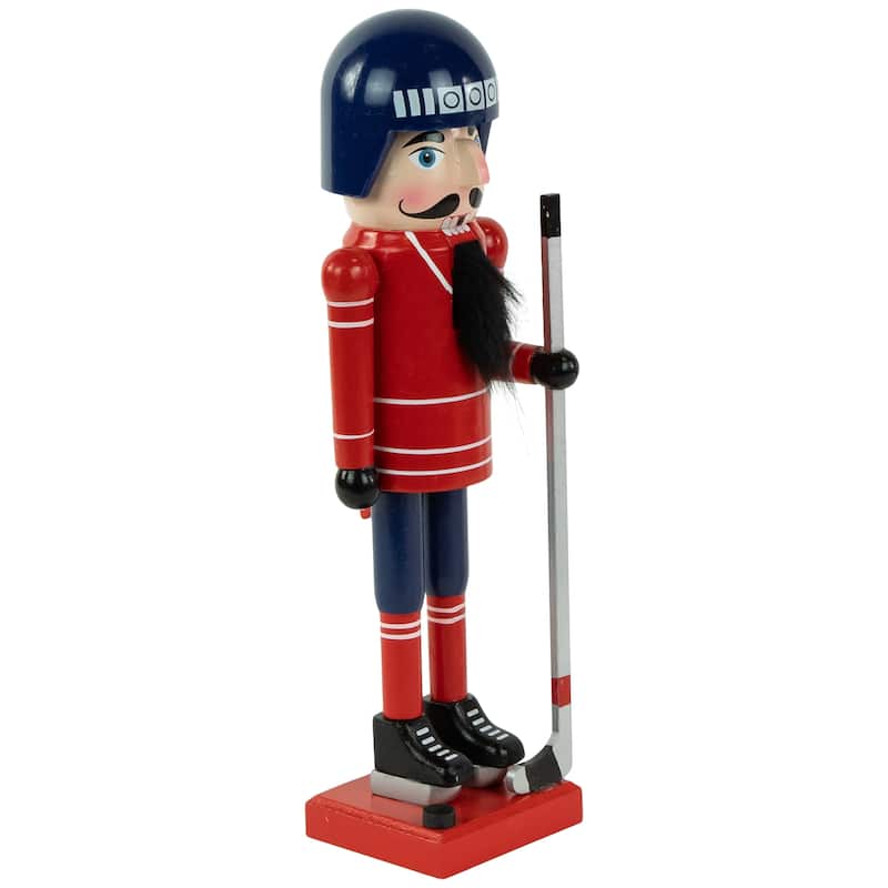 14" Blue and Red Wooden Christmas Ice Hockey Player Nutcracker