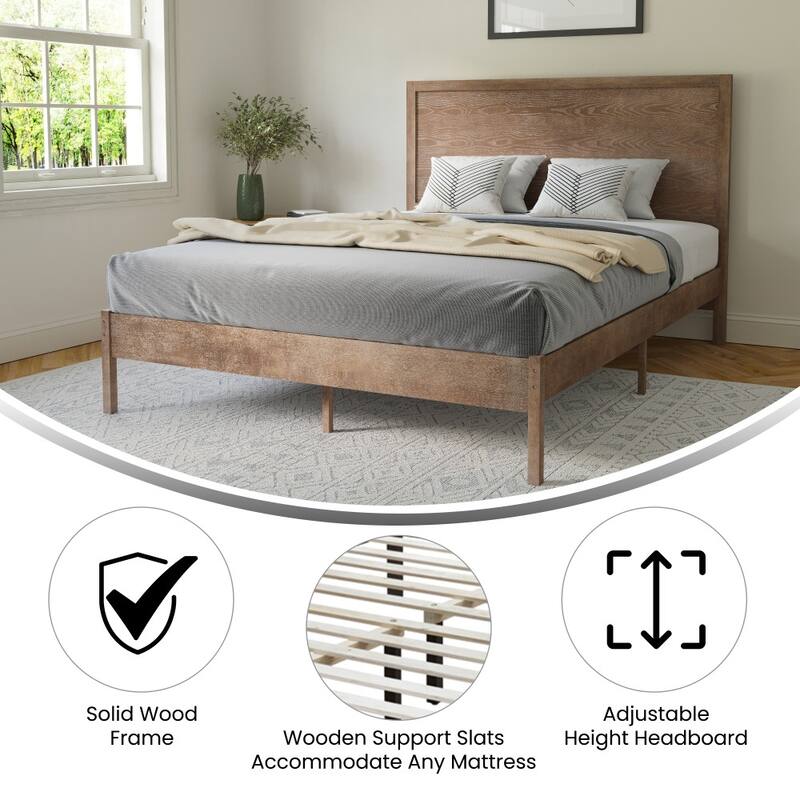 Solid Wood Platform Bed with Headboard and Wooden Slats