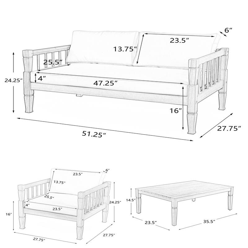 Roomfitters 4-Piece Acacia Wood Patio Furniture Set, Seating Conversation Set with 4-Inch Thick Cushions and Coffee Table